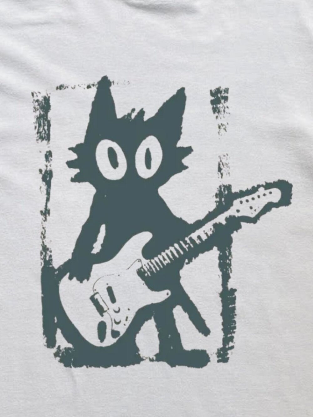 Cat Playing Electric Guitar Linocut Graphic Tee - Picture 2 of 4